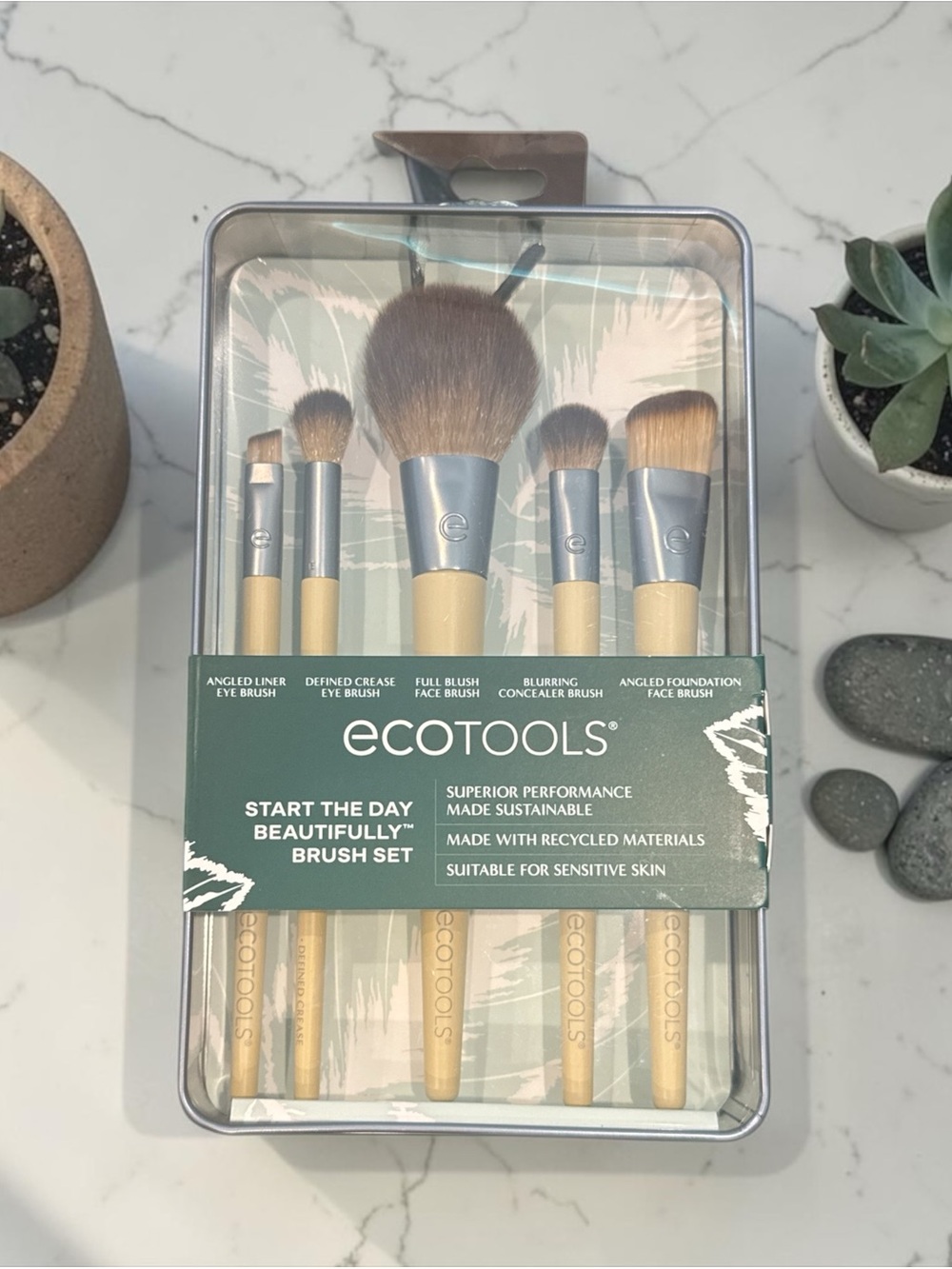 NWT Ecotools Natural Beige Handle Brush Set with Silver Ferrules - Picture 2 of 5